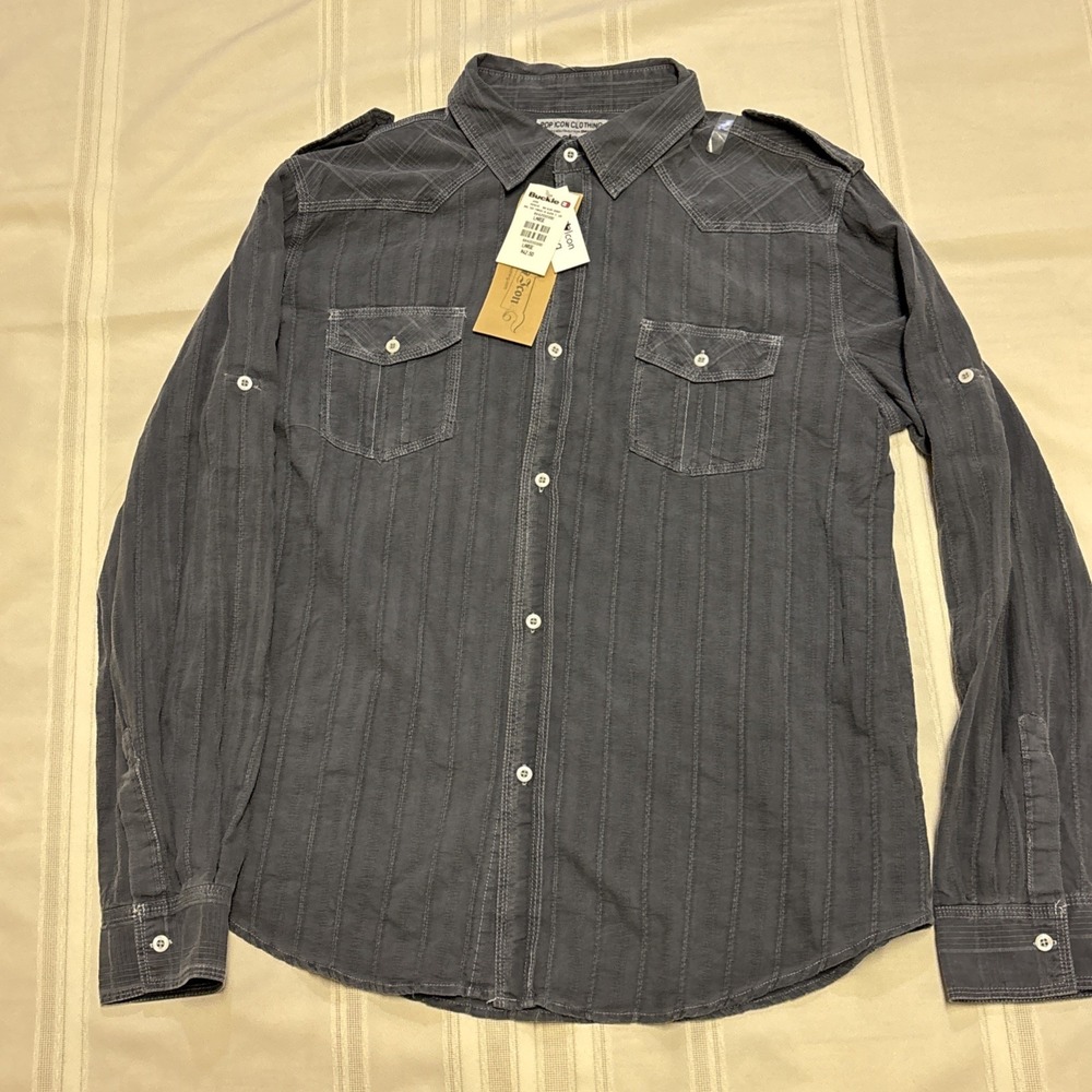 Pop Icon Button Up Shirt Mens L Black Desert Stripe Casual Western  Buckle NWT